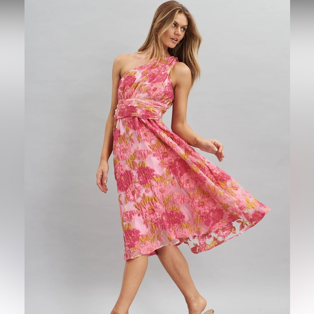 Pink Floral Midi One Shoulder Dress NWT